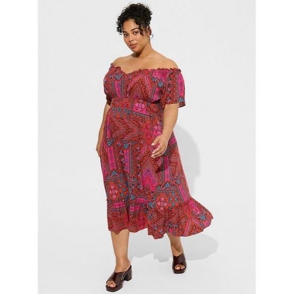 torrid Dresses & Skirts - NWT Torrid Tea Length Off Shoulder Peasant Dress Wildflower Mandala 00 M/L (10)‎